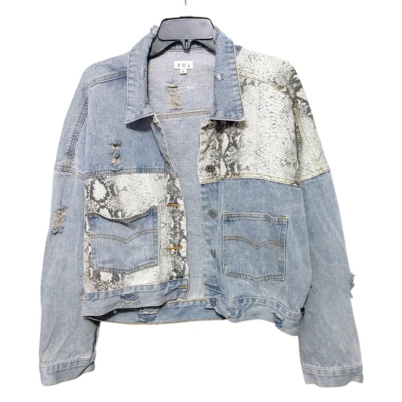 POL Snakeskin Patch Button Up Dustressed Denim Jean Jacket Women's Size Large L - Picture 5 of 15